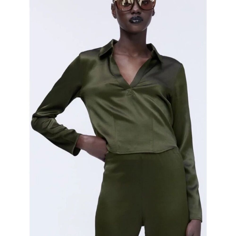 Zara Olive Green Satin Effect Top